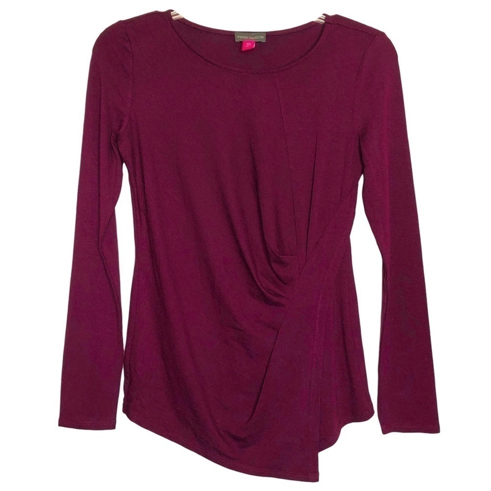New- VINCE CAMUTO Burgundy Wine Round Neck Ruched Front Long Sleeve Top Size XXS